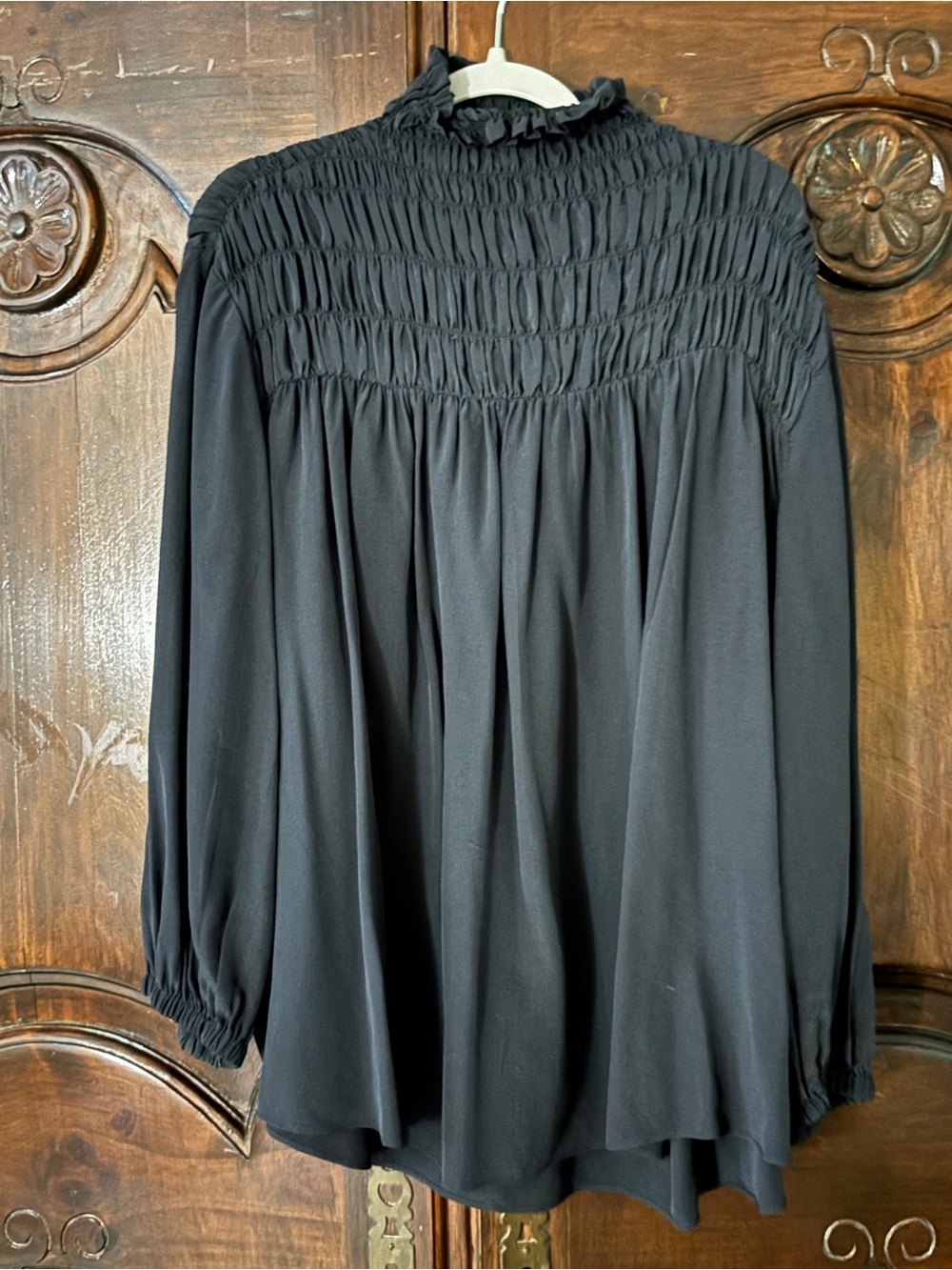 Frame Denim Black Smocked High-Neck Blouse